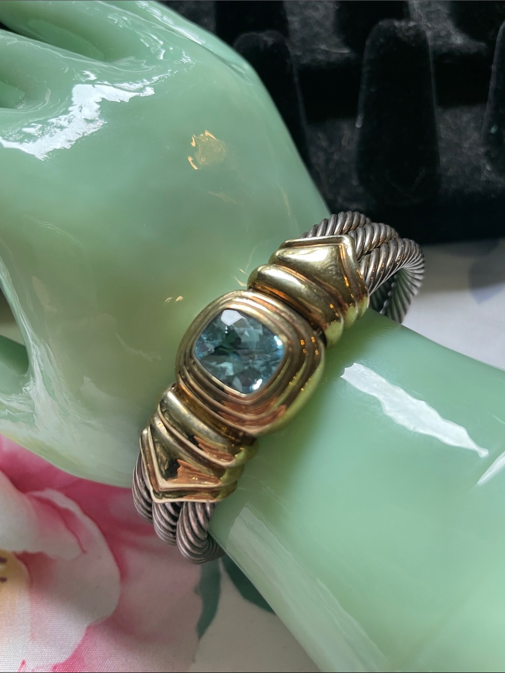 David Yurman Sterling Silver and 14K Gold Blue Topaz Bracelet
